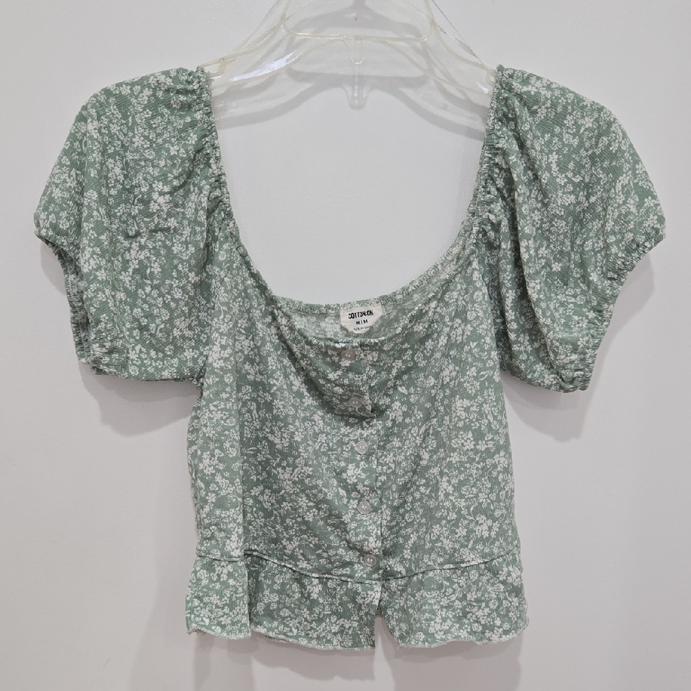 Cotton On Light Green/White Milkmaid Cottagecore Romantic Floral Coquette Blouse